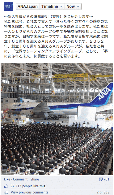 This Facebook post from All Nippon Airways, describing their new employee initiation ceremony, generated more than 25,000 likes, representing about 3% of total Page Likes.
